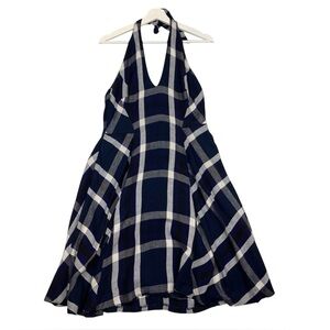 Anthropologie Eva Franco Womens Anya Dress‎ Navy Plaid Size 12 Halter Pockets